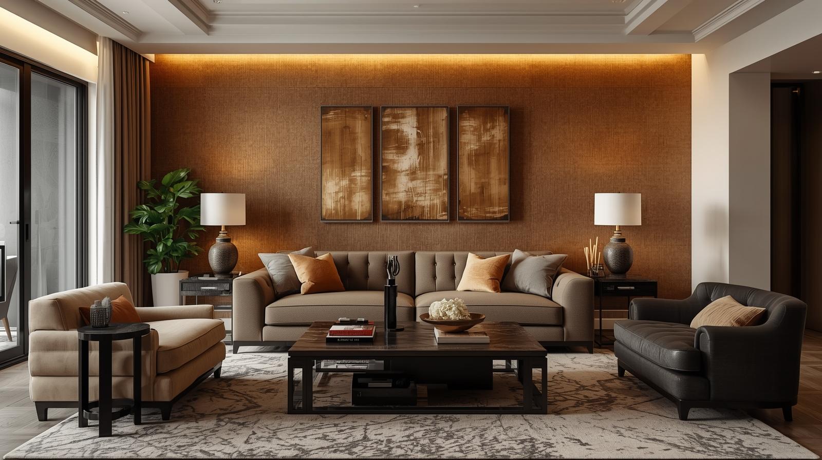 luxury living room makeover warm textured wallpaper adding depth and sophistication to a modern johannesburg home.